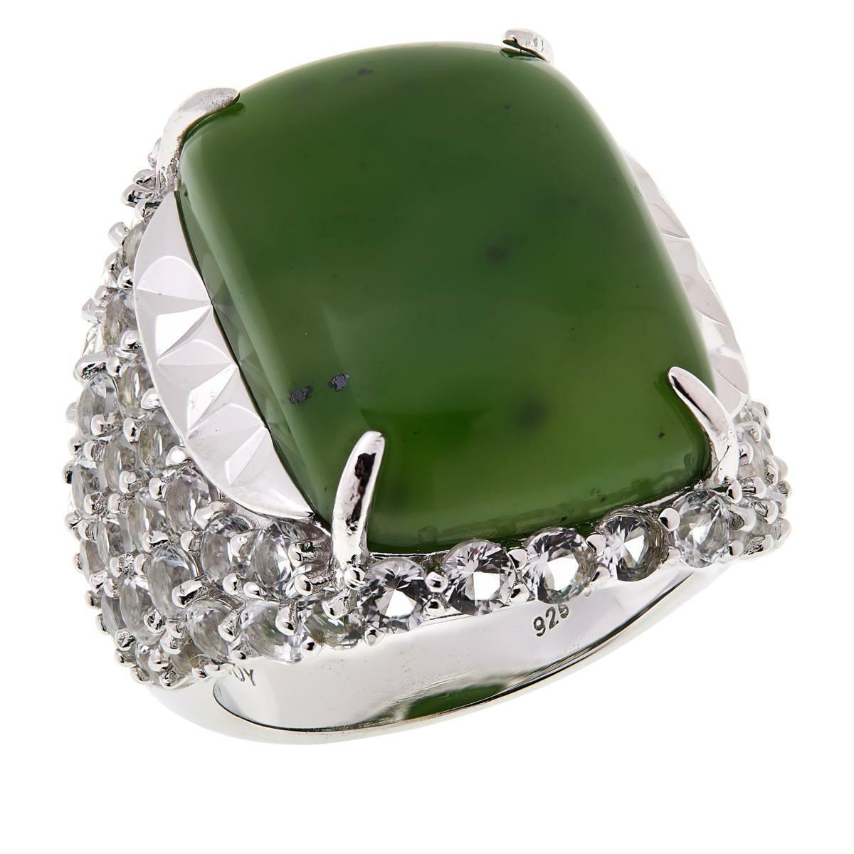 Jade of Yesteryear Sterling Silver Green Jade and CZ Ring, Size 6