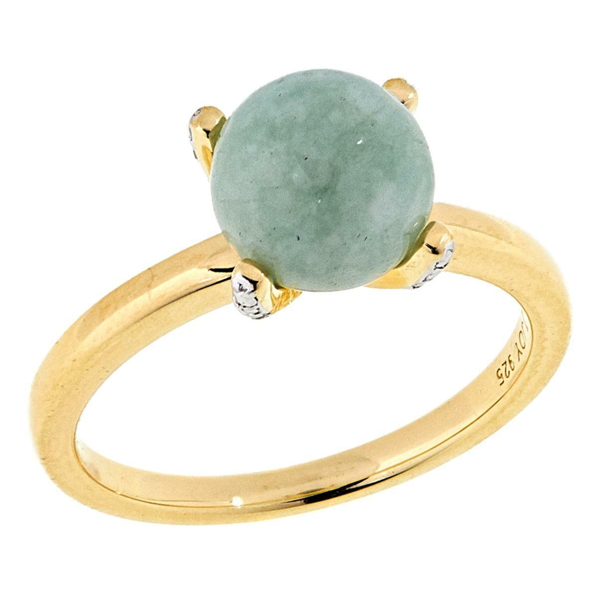 Jade of Yesteryear  SS Goldtone Green Jade & CZ  Ring, Size 7