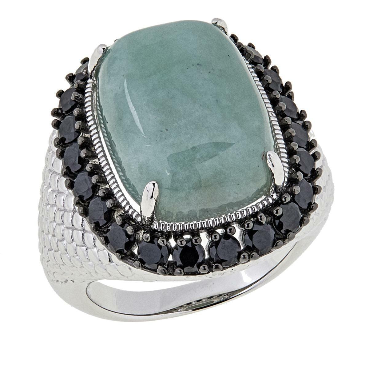 Jade of Yesteryear Sterling Silver Burmese Jade and Black Spinel Ring, Size 6