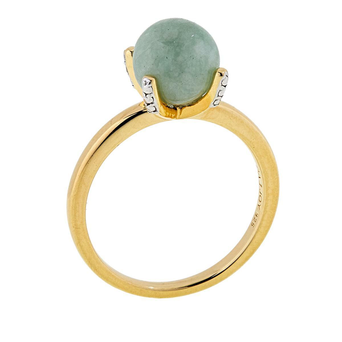 Jade of Yesteryear  SS Goldtone Green Jade & CZ Ring, Size 6