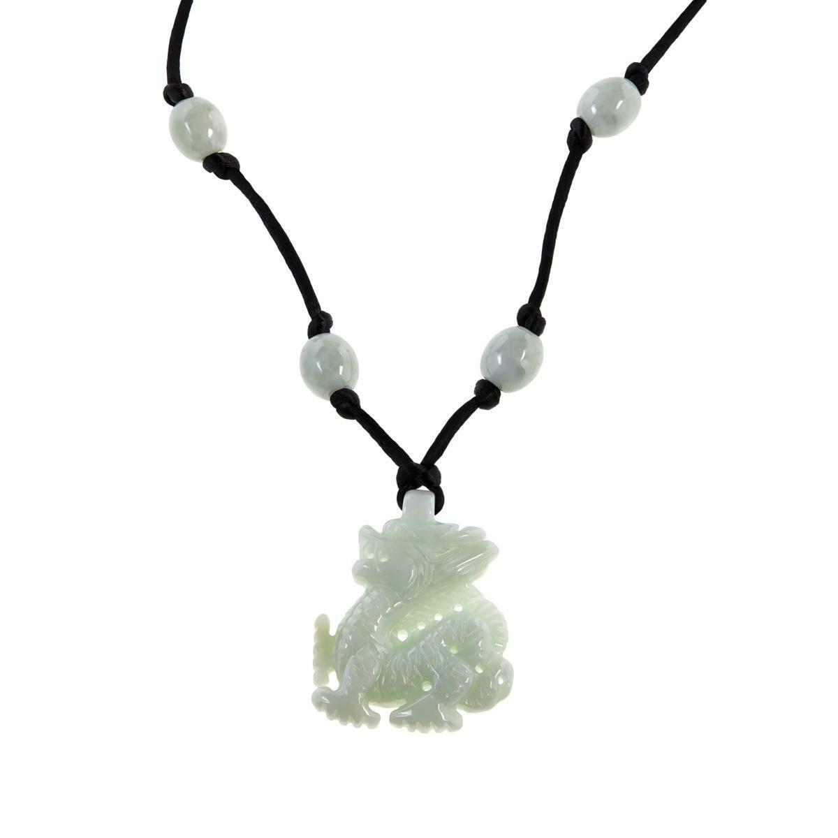 Jade of Yesteryear 34" Carved Jade Dragon Necklace with Silk Cord ~