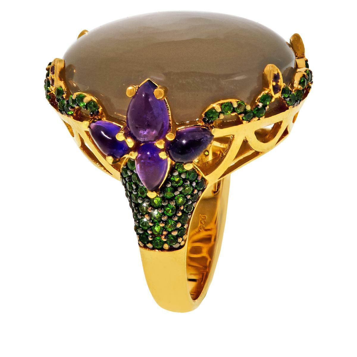 Colleen Lopez Gold-Plated Moonstone, Chrome Diopside and Amethyst Ring, Size 7