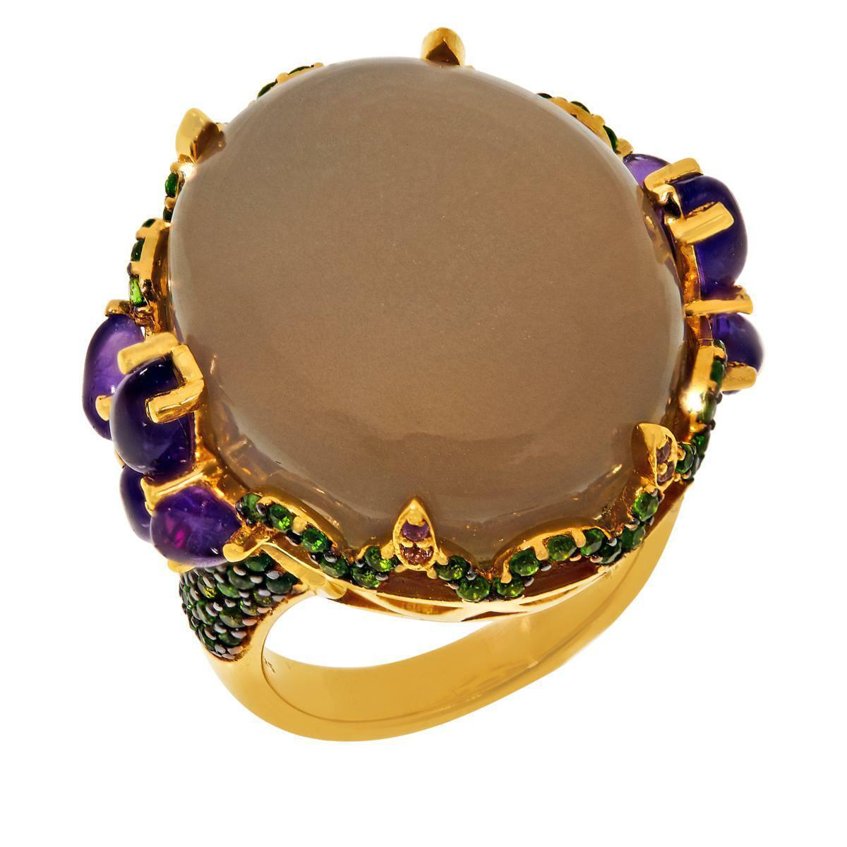 Colleen Lopez Gold-Plated Moonstone, Chrome Diopside and Amethyst Ring, Size 7