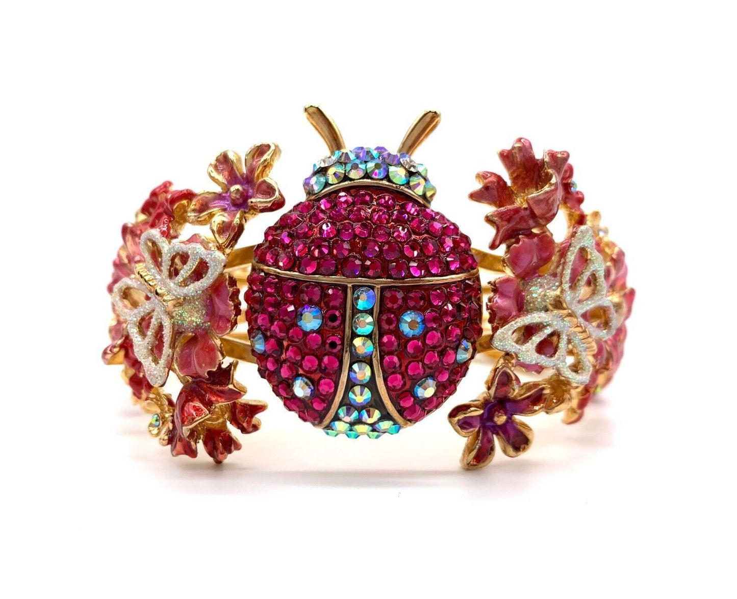 Vintage Kirks Folly Ladybug Hinged Cuff Bracelet Gold-Tone Crystal Enamel
