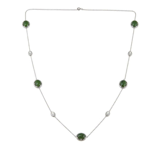 Jade of Yesteryear Sterling Silver Nephrite & White Topaz Station Necklace. 28"