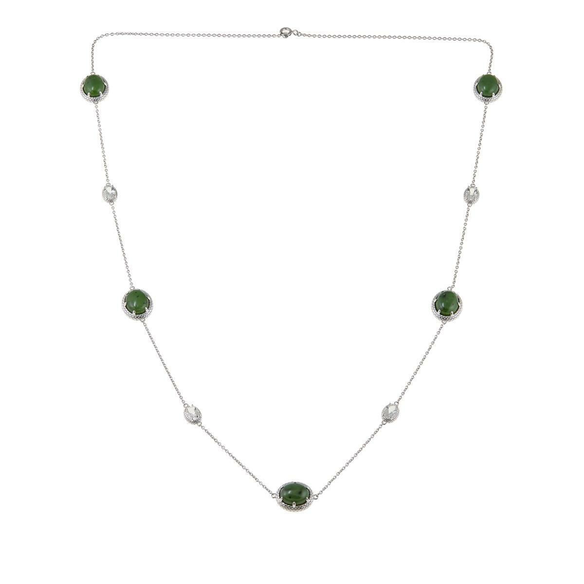 Jade of Yesteryear Sterling Silver Nephrite & White Topaz Station Necklace. 28"