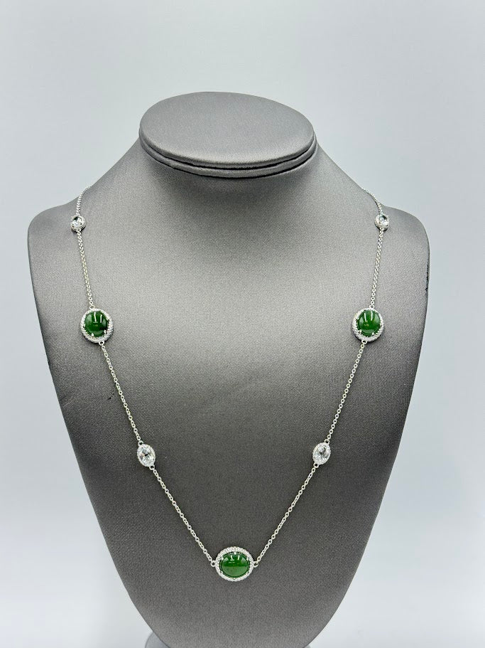Jade of Yesteryear Sterling Silver Green Jade & Zircon Statin Necklace, 28"