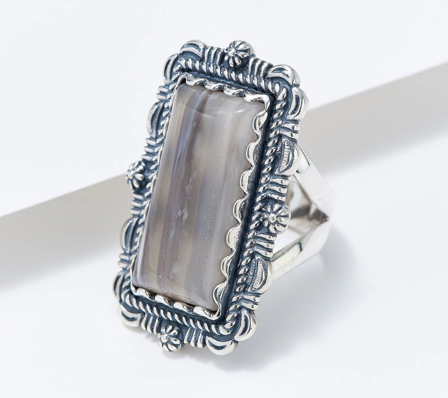 American West Rectangular Grey Agate Gemstone Ring Size 8 Sterling Silver