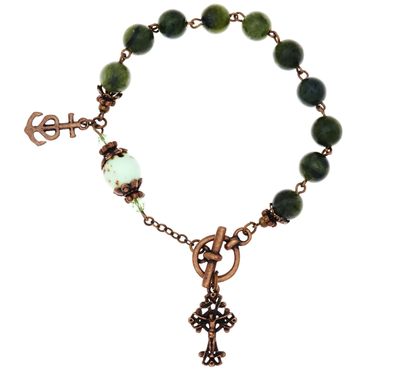 Connemara Marble Bronzetone Antiqued Rosary Bracelet, Size 7.5"