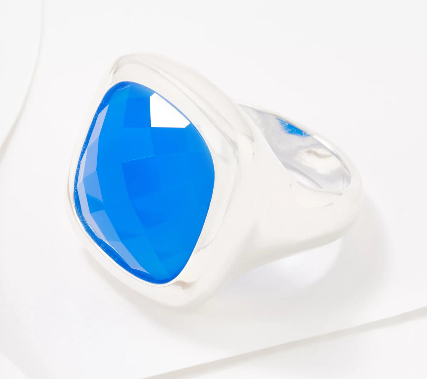UltraFine Silver Bold Gemstone Blue Agate Cushion Graduated Ring, Size 10