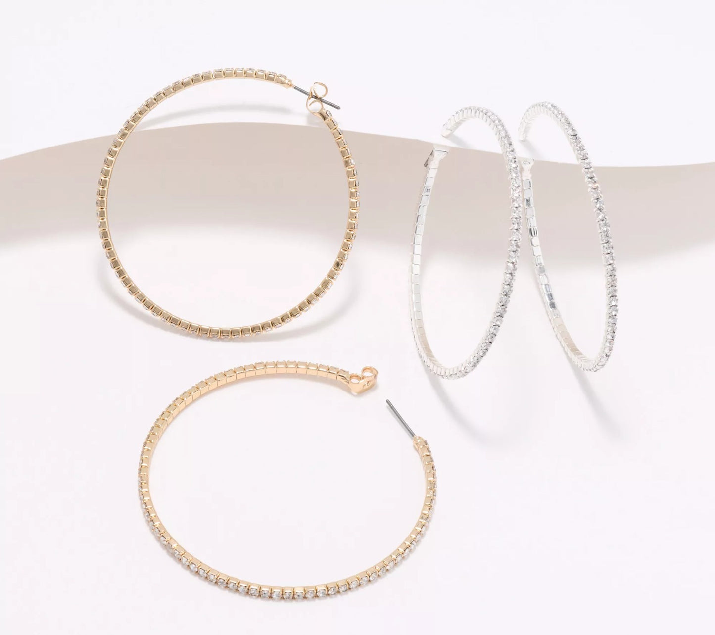 Joan Rivers Set of 2 Pave Flex Glass Crystal  Hoop Earrings SilverTone GoldTone