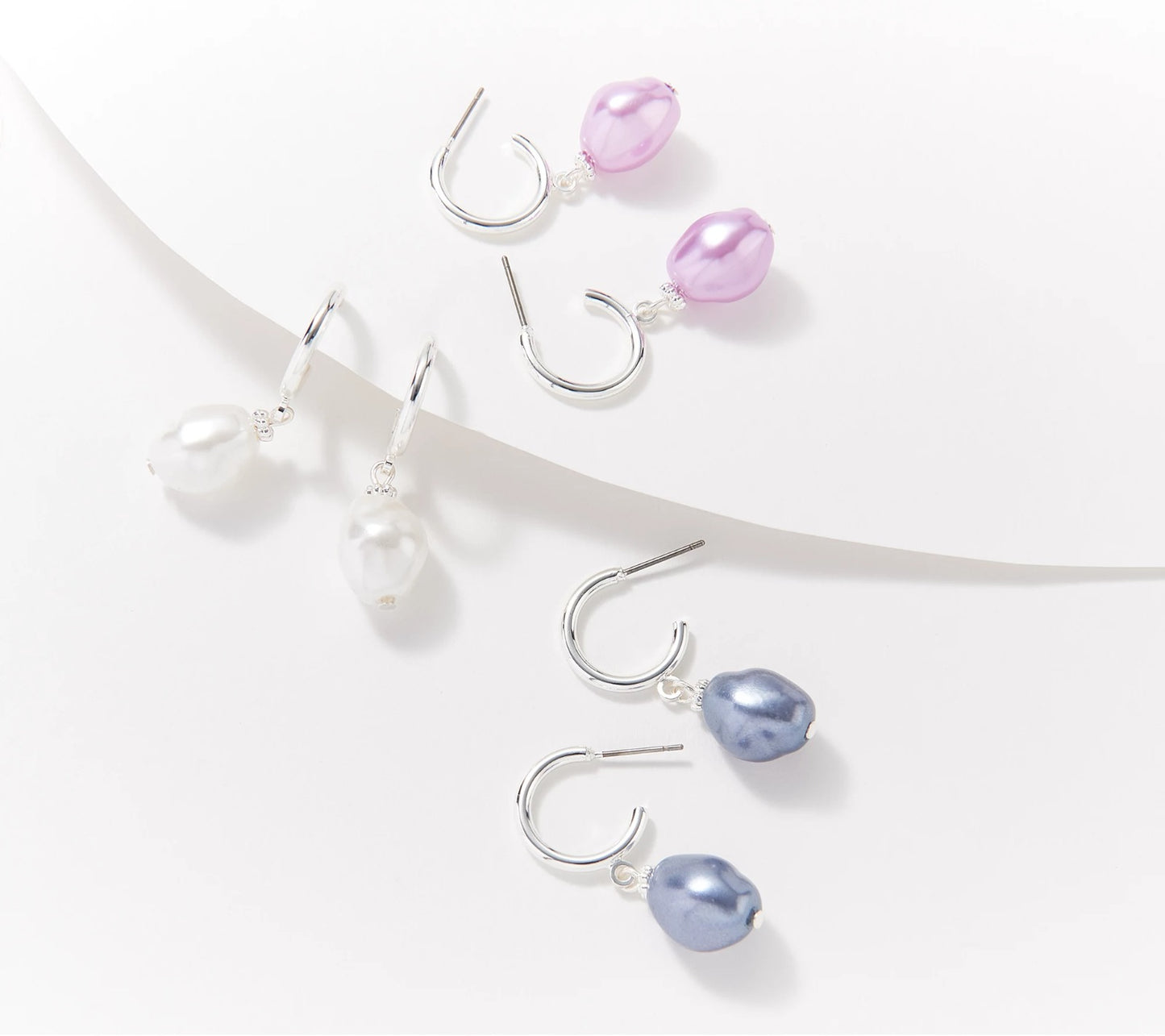 Joan Rivers Set of 3 Hoop Earrings Simulated Pearl Drop Baroque shape SilverTone