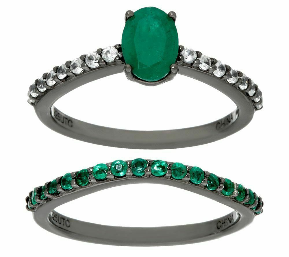 Graziela Gems Emerald & Zircon Black Rhodium-Plated Ring Set Size 5 Qvc $249