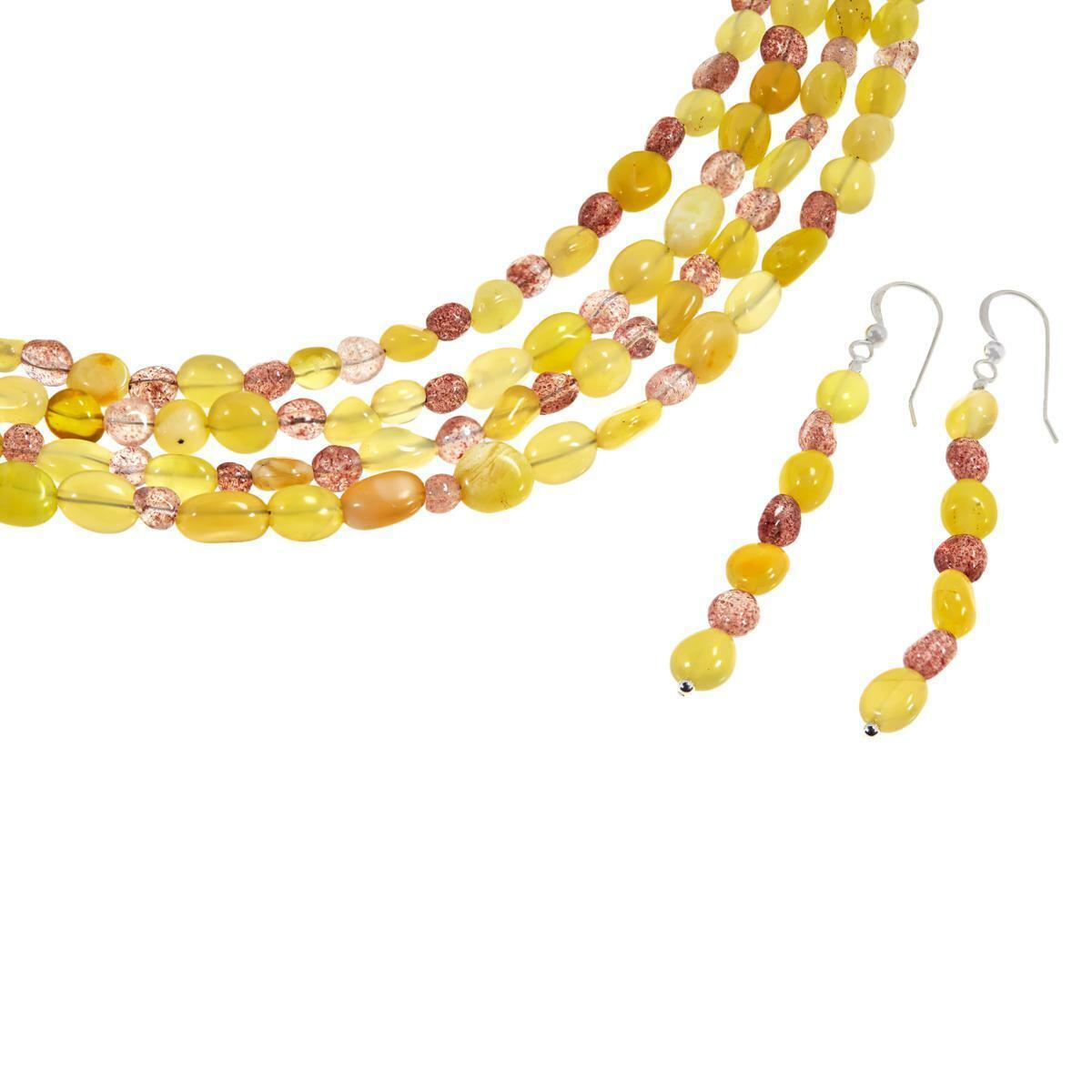 Jay King Yellow Opal and Strawberry Quartz Bead Necklace & Earrings 18" to 20"