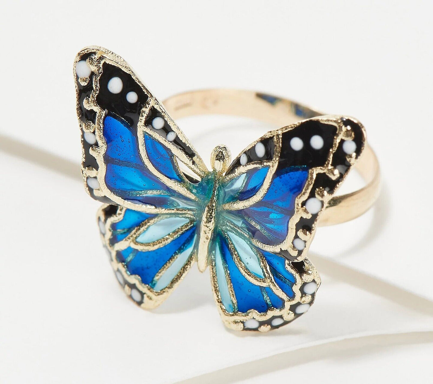 Denary 10K Gold Enamel Blue Butterfly Ring. Size 7