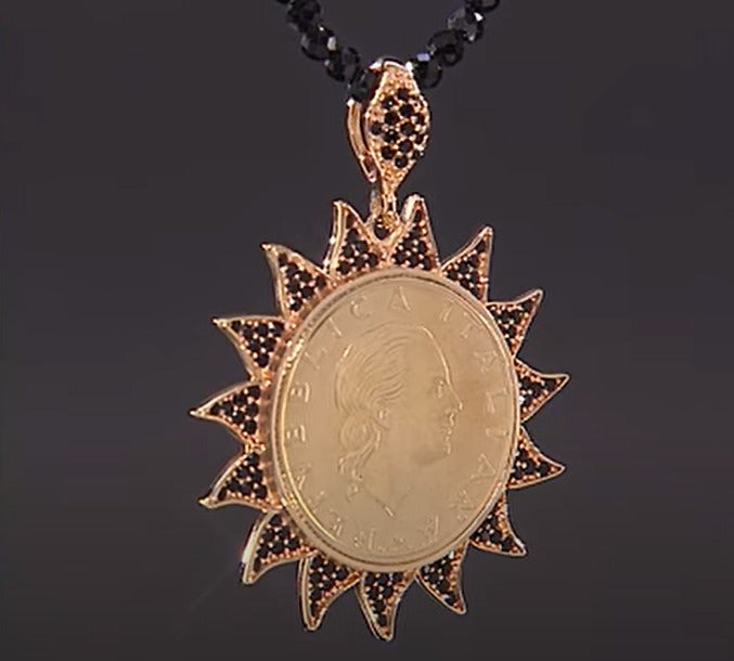 Bellezza Bronze Black Spinel 200 Lira Coin Sun Pendant