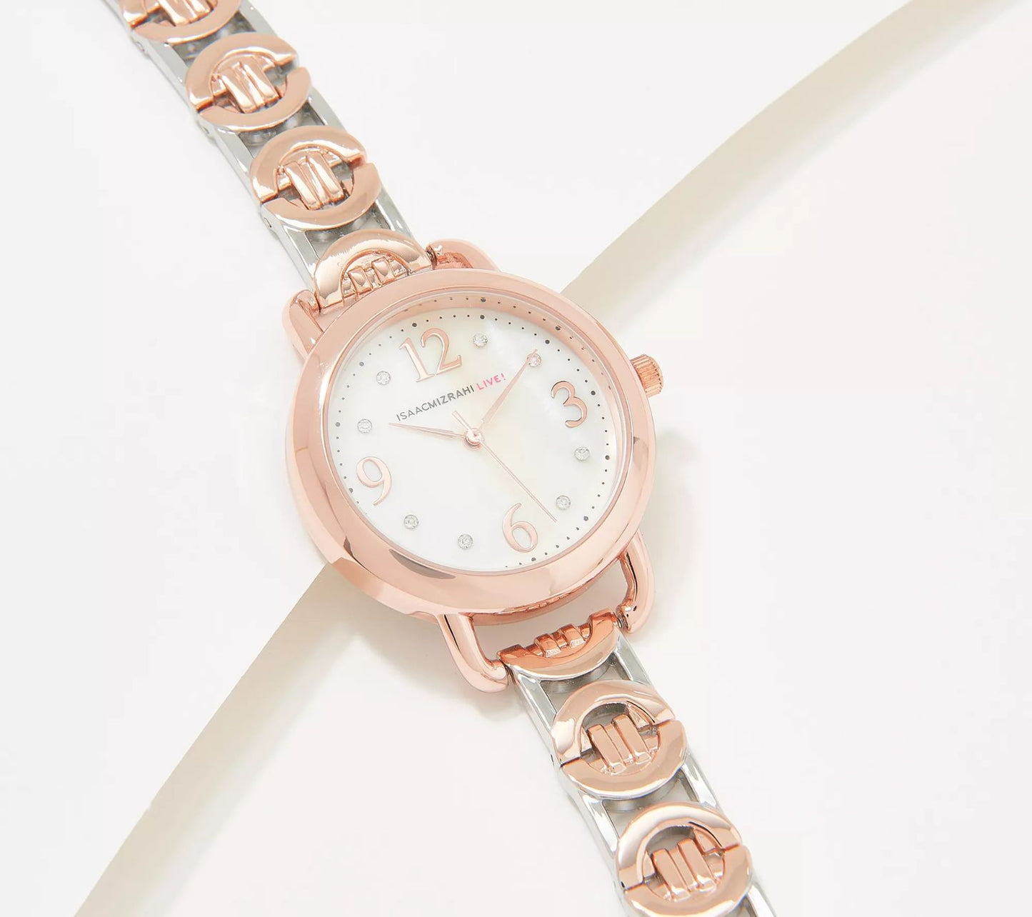 Isaac Mizrahi Mother of Pearl Intricate link Watch 6-3/4"-8-1/4" RoseGold