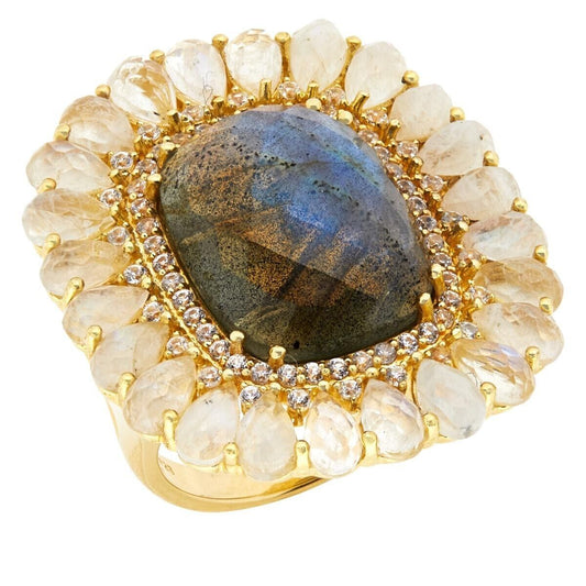 Rarities Sterling Silver Gold-Clad Labradorite & White Zircon Framed Ring Size 9