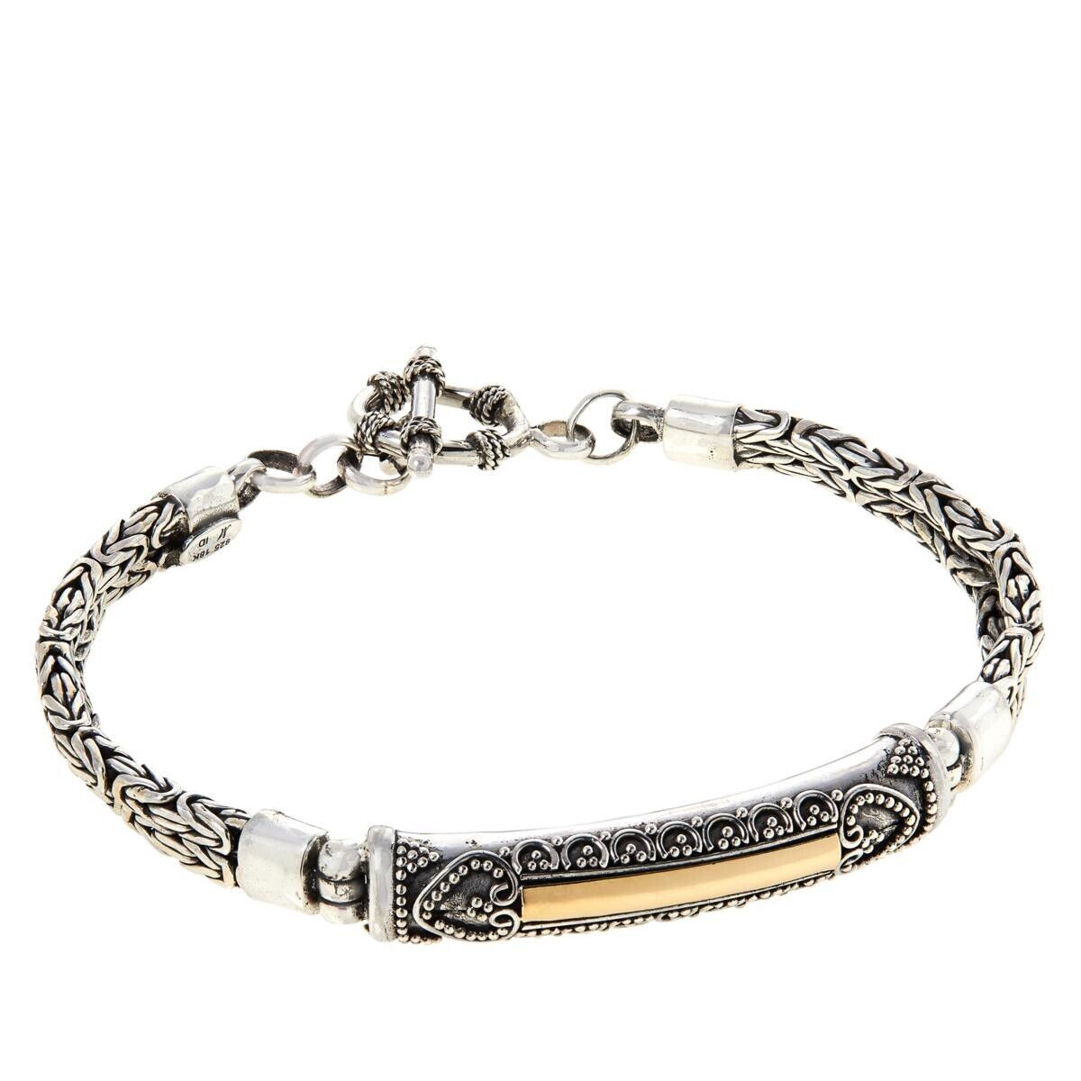 Bali RoManse Sterling Silver and 18K Byzantine Chain Bar Bracelet. 6-3/4"