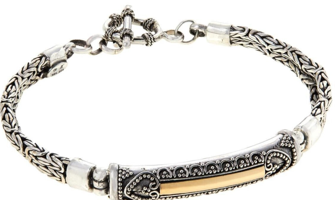 Bali RoManse Sterling Silver and 18K Byzantine Chain Bar Bracelet. 6-3/4"