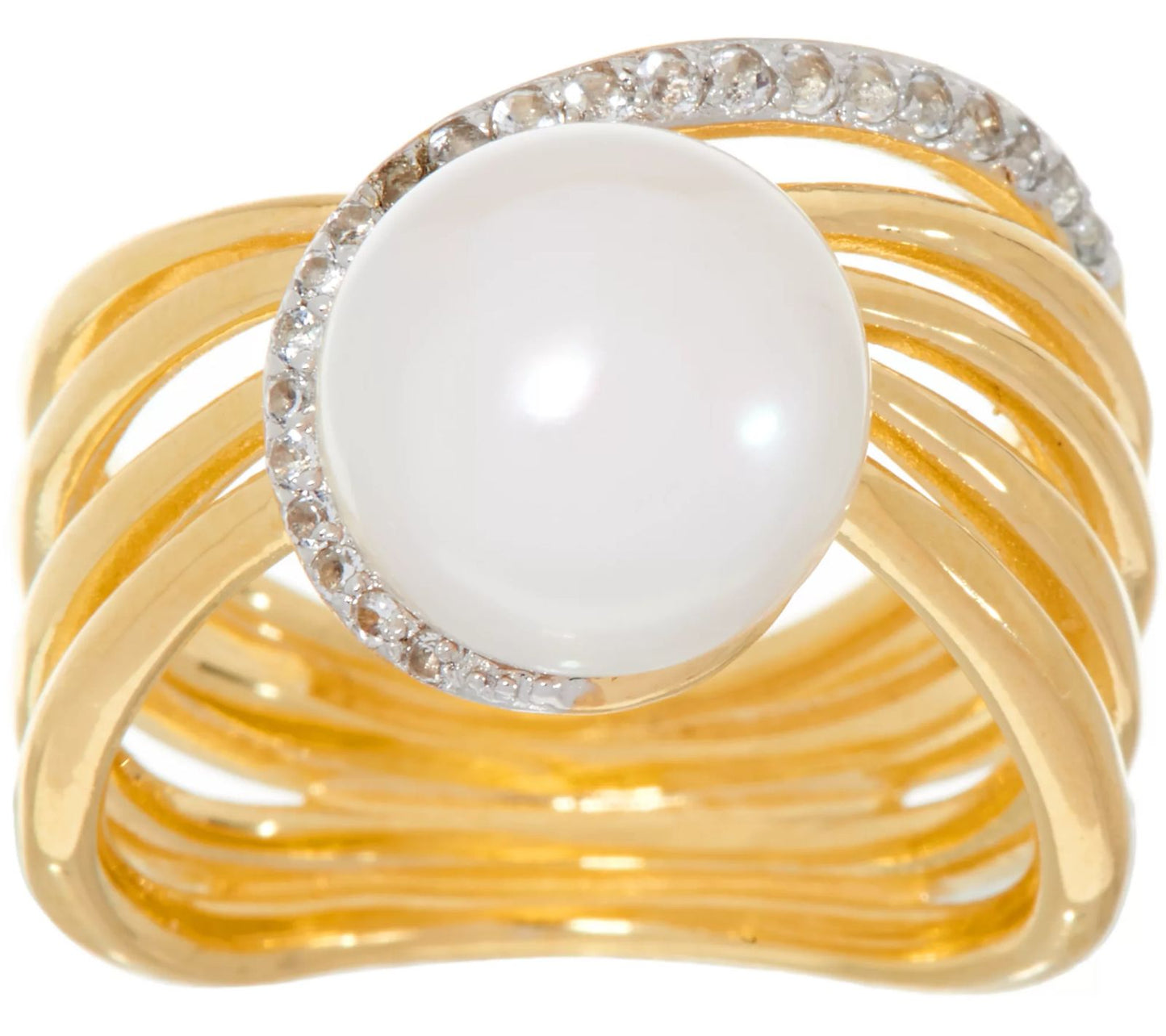 Honora Cultured Pearl, White Topaz Swirl Yellow Band Ring Size 8 Sterling Silver