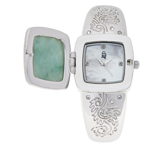 Jade of Yesteryear Green Jade & Mother-of-Pearl Dragon Cuff Watch. 6-1/2"