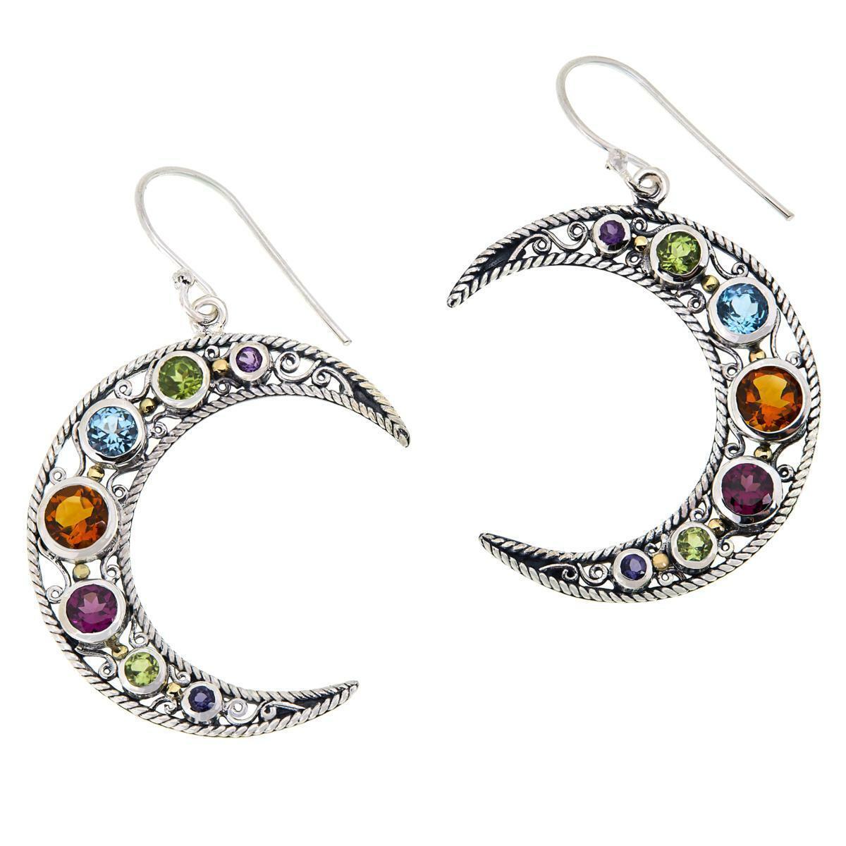 Bali RoManse 2-Tone Multigem Crescent Moon Drop Hook Earrings HSN $145.00