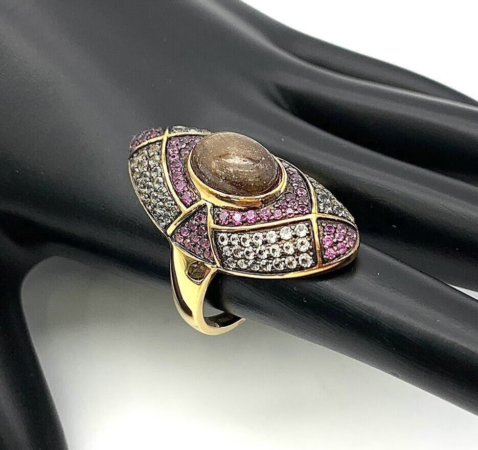 Rarities Chocolate Sapphire & Gemstone Vermeil "Talisman" Ring. Size 6