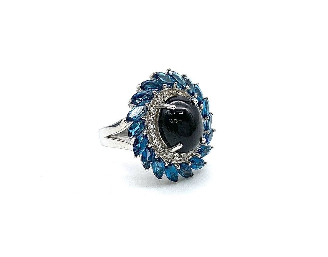 Colleen Lopez Sterling Silver  Black Diopside, London Blue Topaz Ring. Size 7