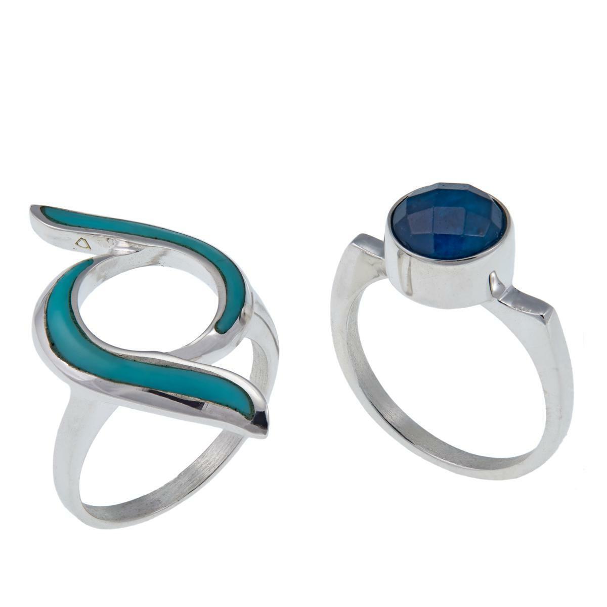 Jay King Turquoise and Apatite 2 piece Interlocking Ring Set, Size 6