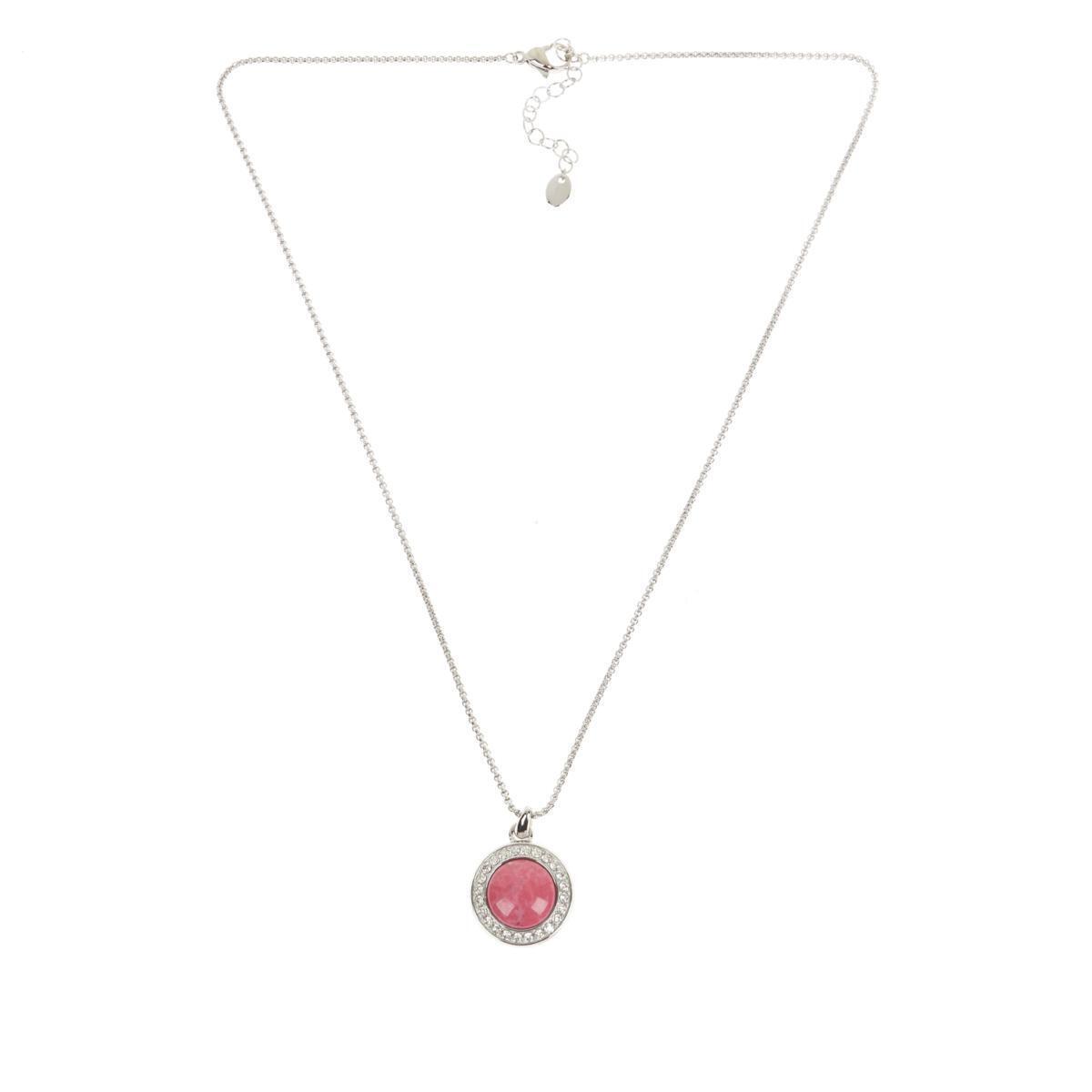 Colleen Lopez Pink Rhodonite Cabochon and White Topaz Pendant with 18" Chain