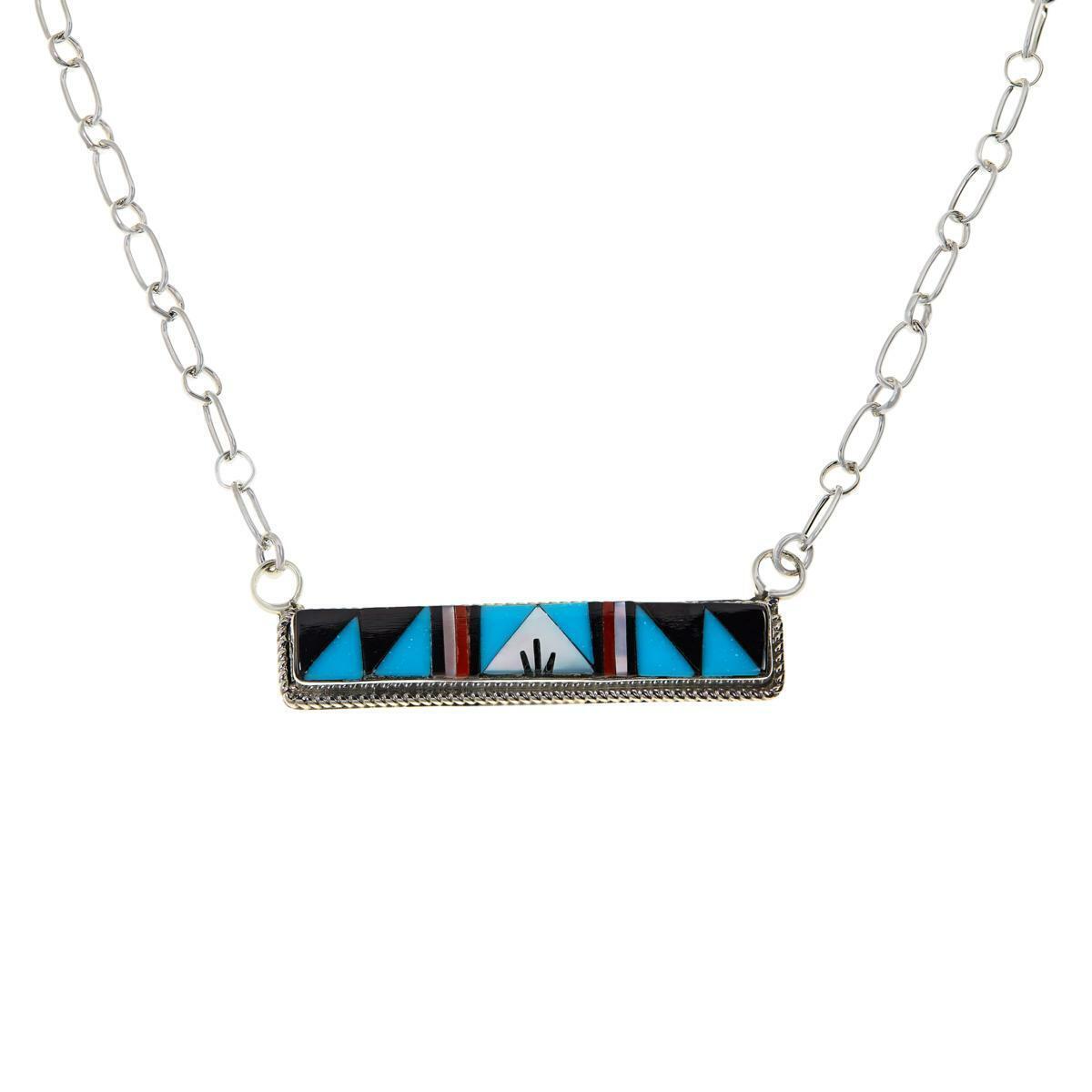 Chaco Canyon Sterling Silver Zuni Gemstone Inlay Bar Necklace 16-18'"