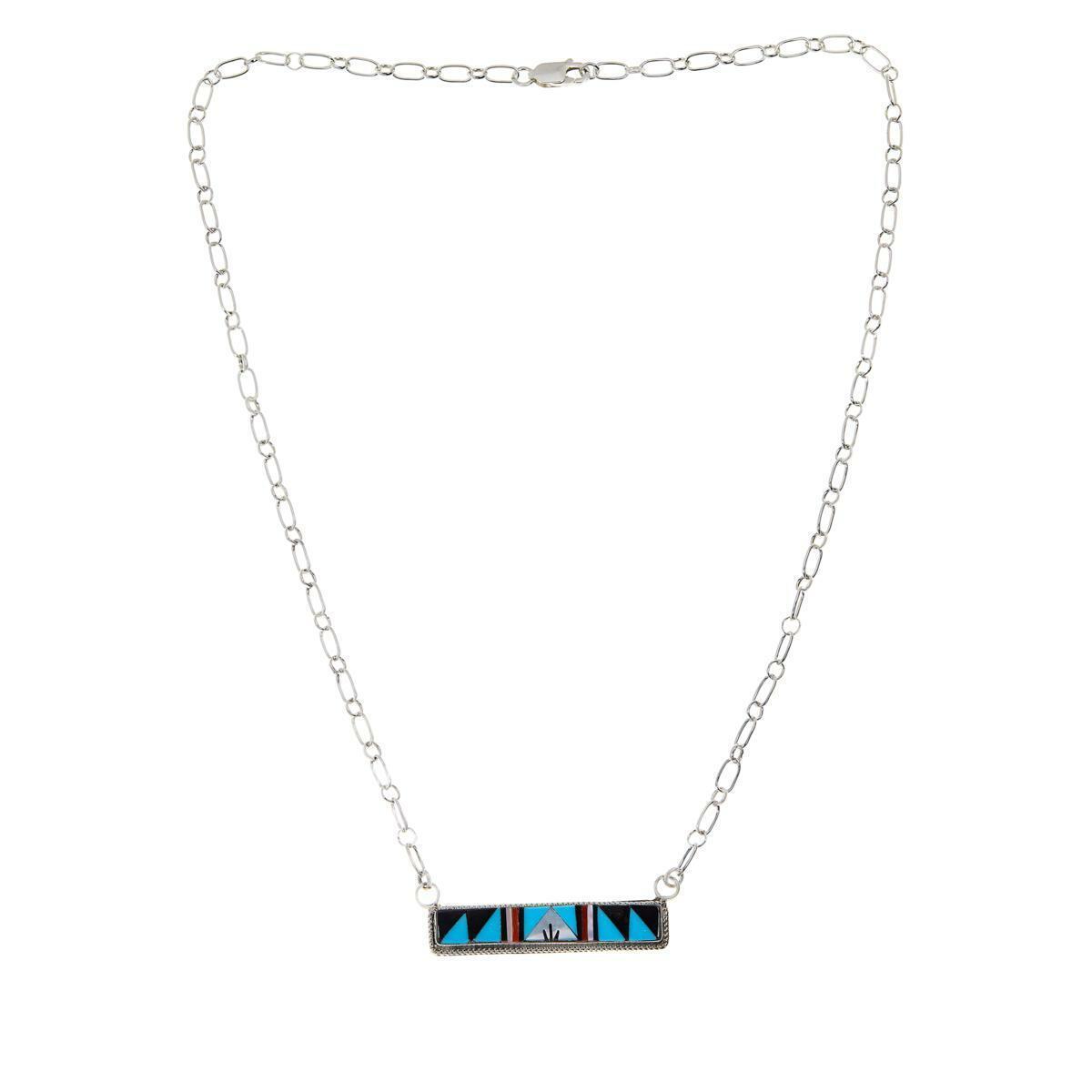Chaco Canyon Sterling Silver Zuni Gemstone Inlay Bar Necklace 16-18'"