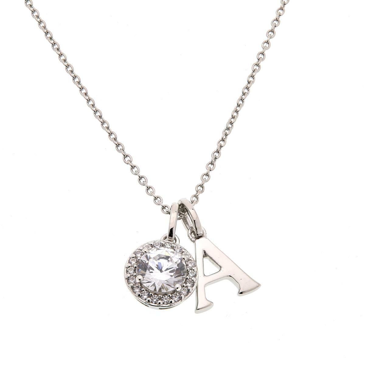 Absolute Sterling Silver 18" Cubic Zirconia Halo and "A" Initial Drop Necklace