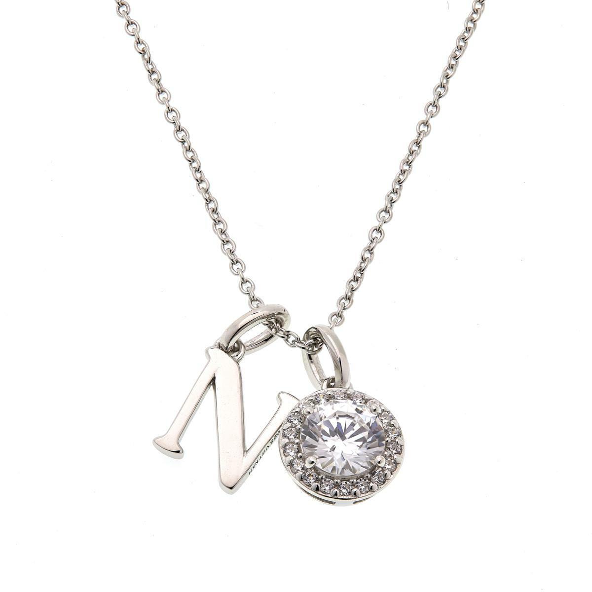 Absolute Sterling Silver 18" Cubic Zirconia Halo and "N" Initial Drop Necklace