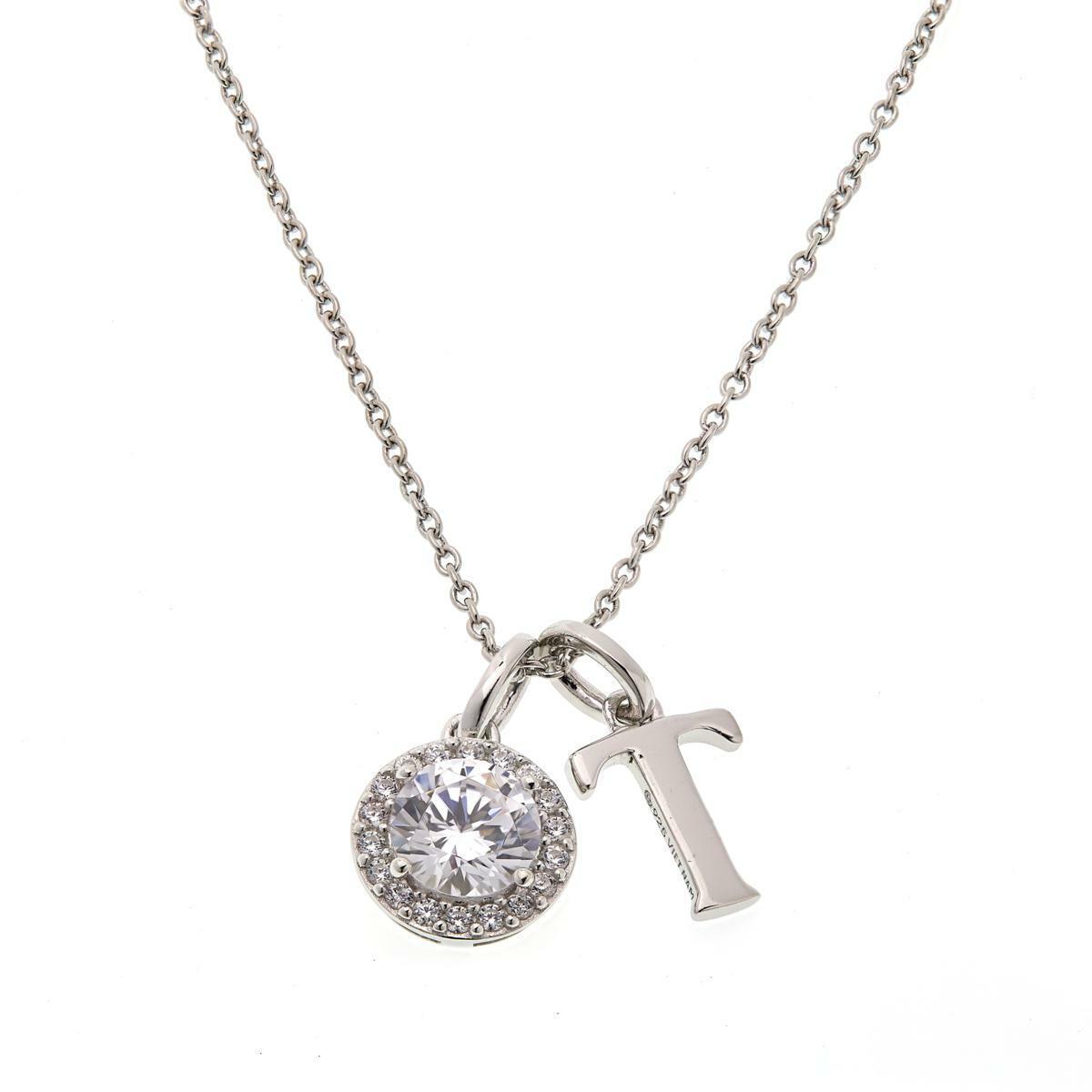 Absolute Sterling Silver 18" Cubic Zirconia Halo and "T" Initial Drop Necklace