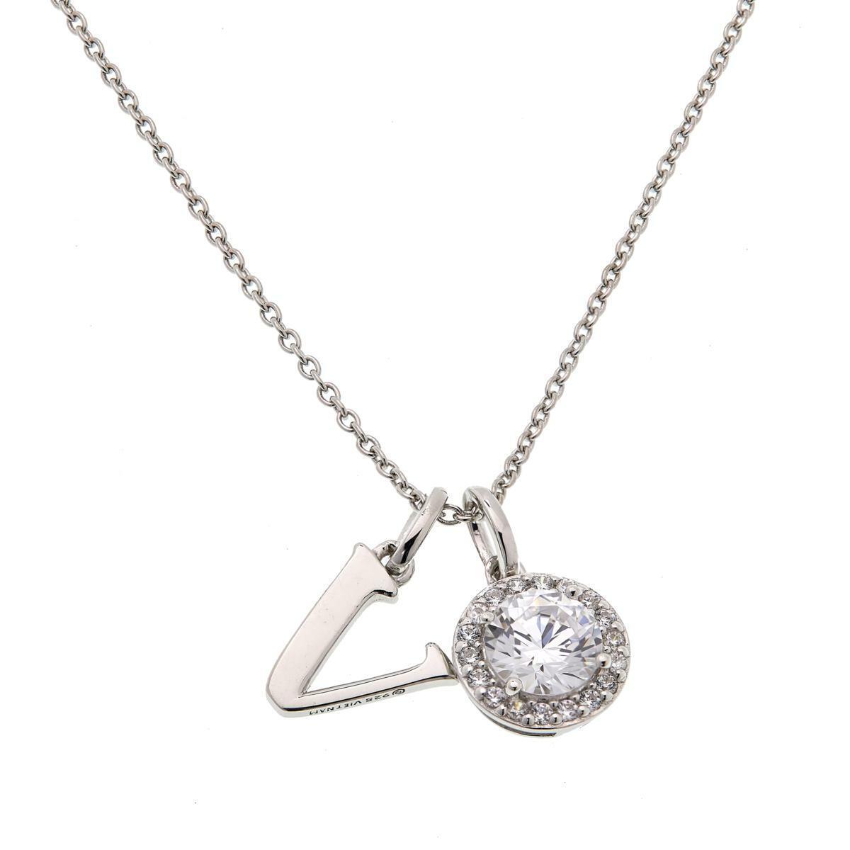 Absolute Sterling Silver 18" Cubic Zirconia Halo and "V" Initial Drop Necklace