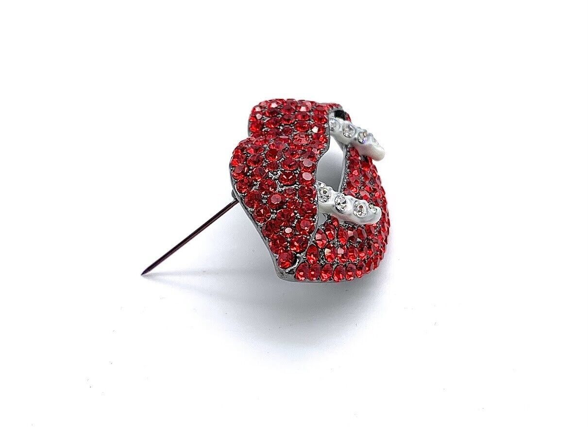 QVC Kirks Folly Silvertone Pave Red Crystal Fangtastic Kiss Pin. 3"