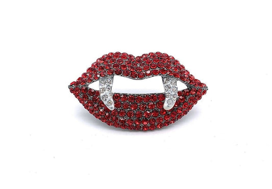 QVC Kirks Folly Silvertone Pave Red Crystal Fangtastic Kiss Pin. 3"