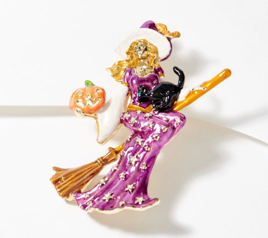 Kirks Folly Goldtone Multicolor Enamel Flying Witch with Black Cat Pin