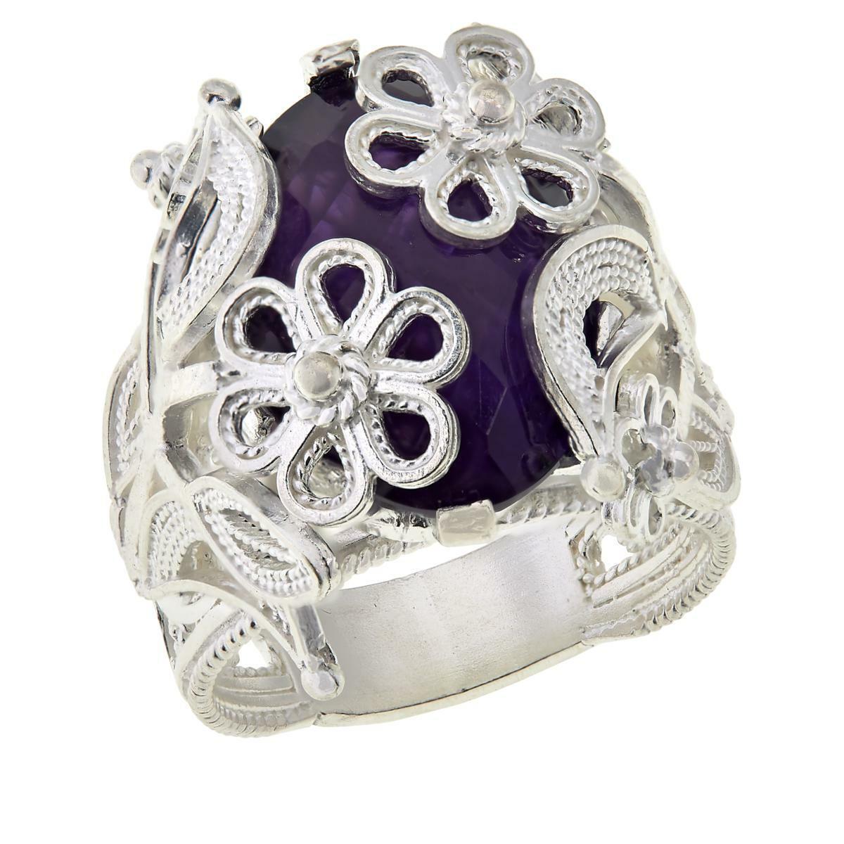 Ottoman Sterling Silver Bold Purple Amethyst Wrapped Filigree Ring, Size 5
