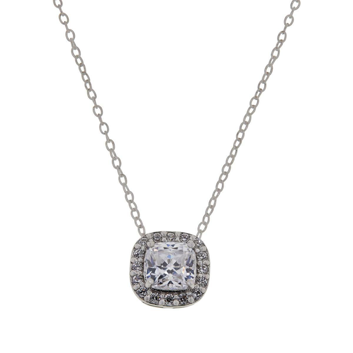 Absolute Sterling Silver Cubic Zirconia Halo Square Pendant with 18" Chain