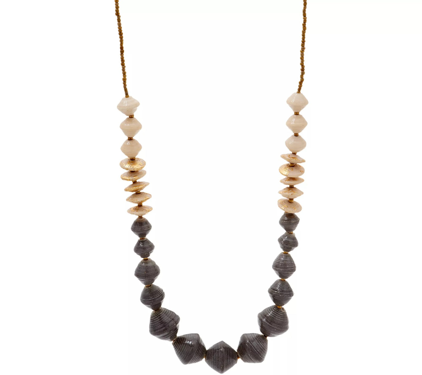 31 Bits GREY / CREAM wrapped paper, Glass Beads Necklace 33-3/4" GoldTone