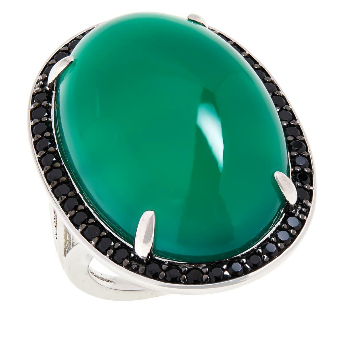 Colleen Lopez Sterling Silver Green Agate & Black Spinel Ring, Size 6