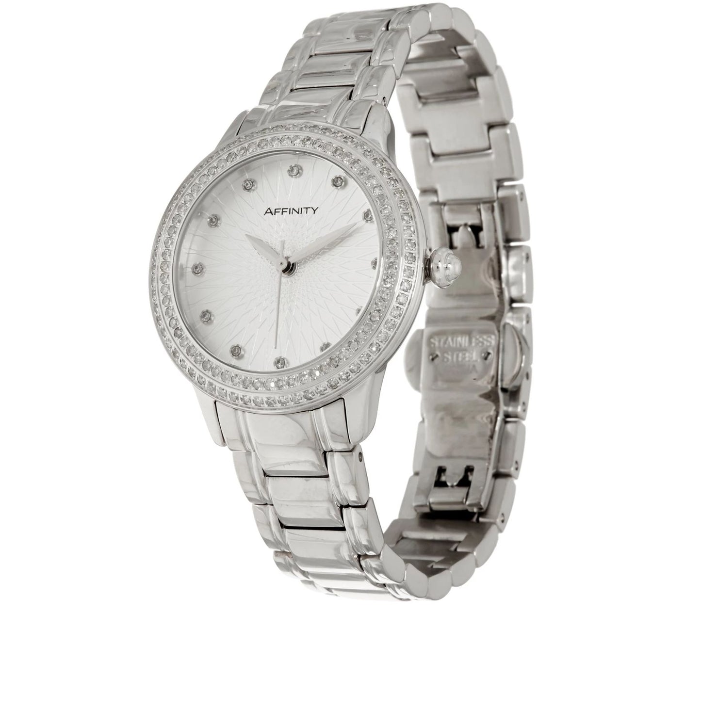 Pave' Round Diamond Watch, Stainless Steel by Affinity. 6-1/2" Silvertone