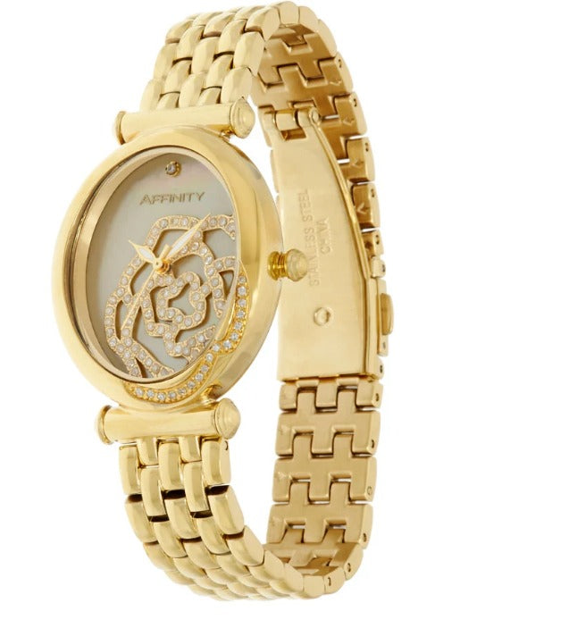 Rose Encrusted Diamond Watch, Stainless Steel by Affinity Goldtone 7-1/4"