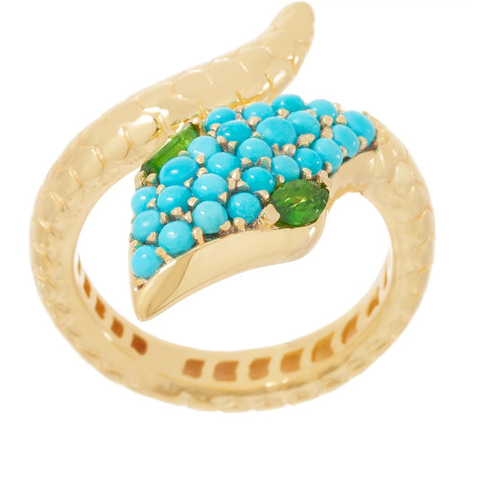 14K Gold-Plated Sleeping Beauty Turquoise & Chrome Diopside Bypass Ring, Size 7