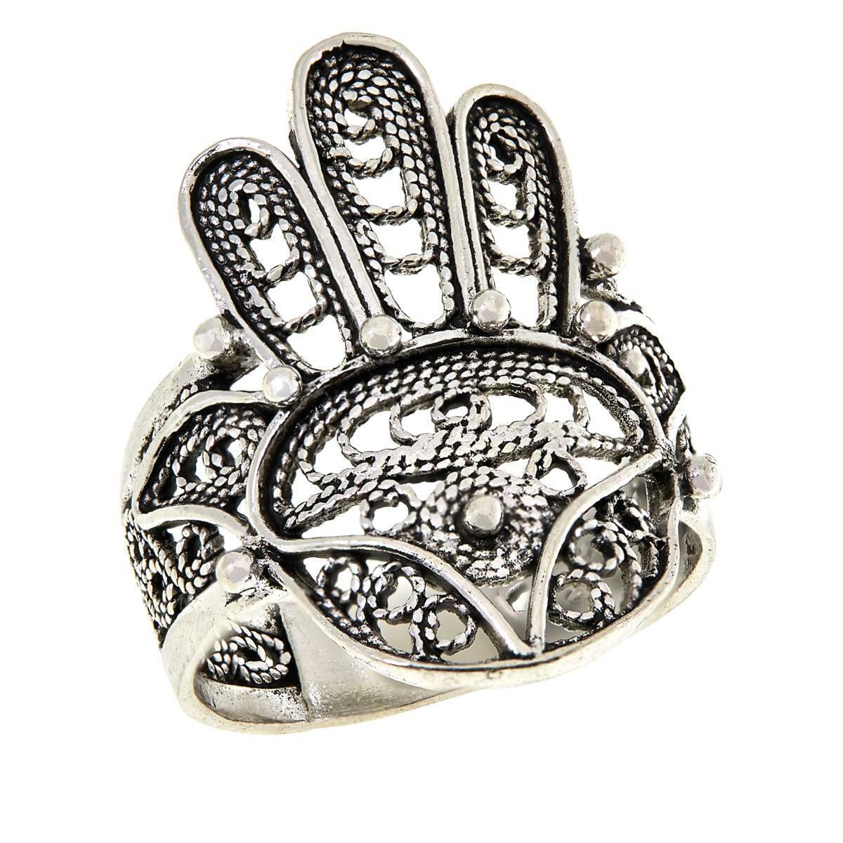 Ottoman Sterling Silver Filigree Hamsa Ring, Size 7