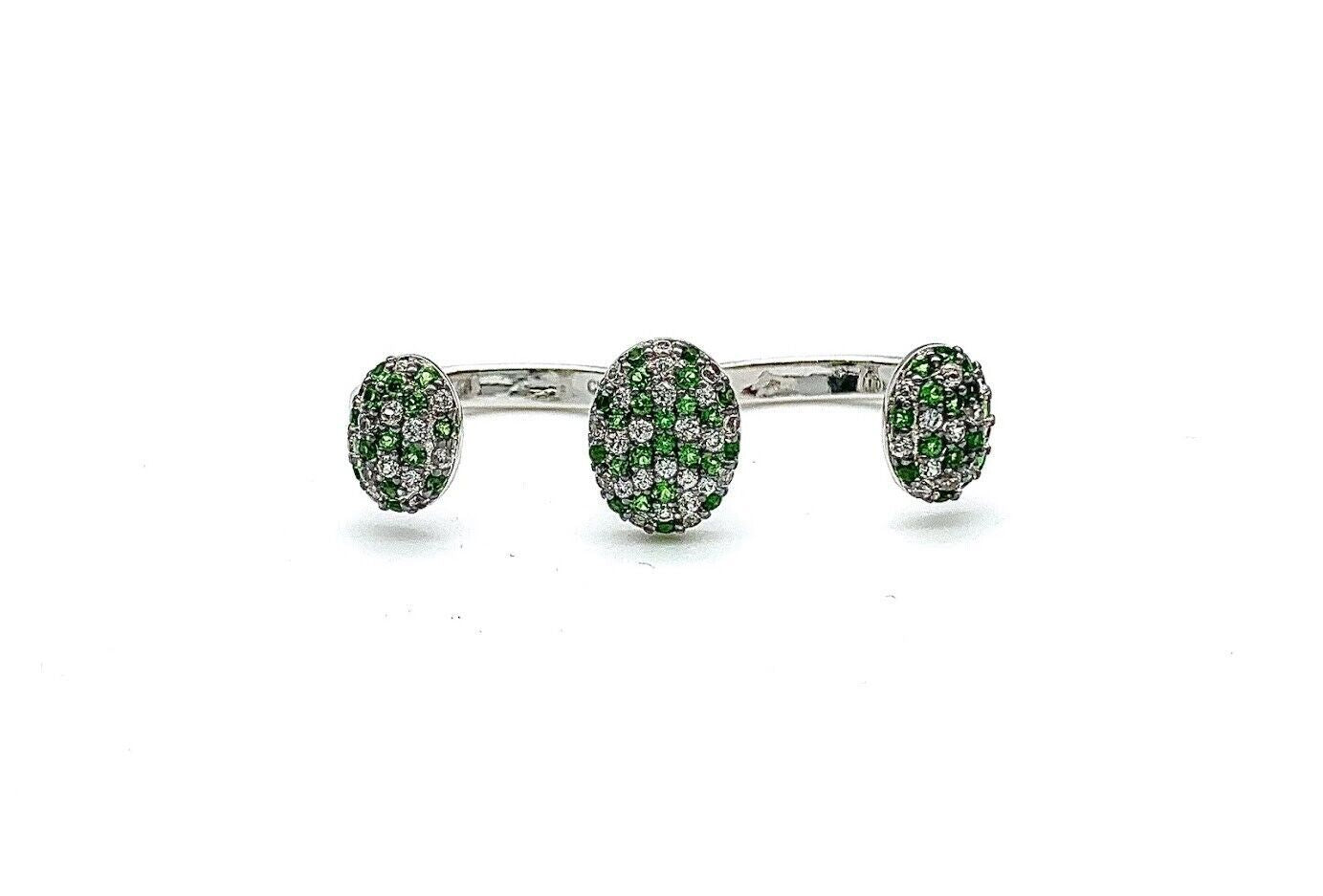 Rarities Sterling Silver Chrome Diopside & White Zircon TwoFinger Ring. Size 7-8