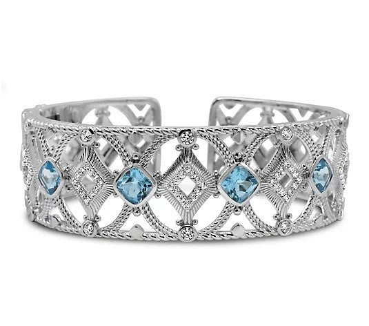 Judith Ripka Sterling Silver Blue Topaz & White Sapphire Hinged Cuff – 6-1/4"